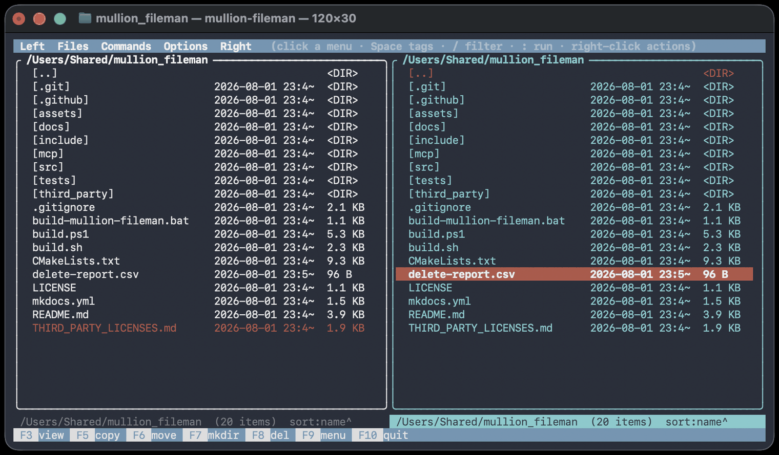 The dual-pane UI, with the menu bar on top and the F-key row along the bottom.
