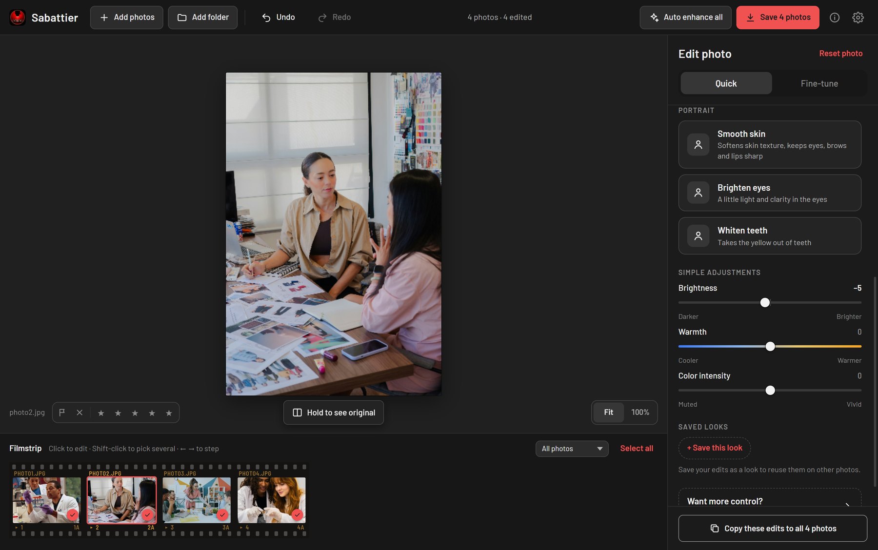 The Portrait tools and simple adjustments on the Quick tab.