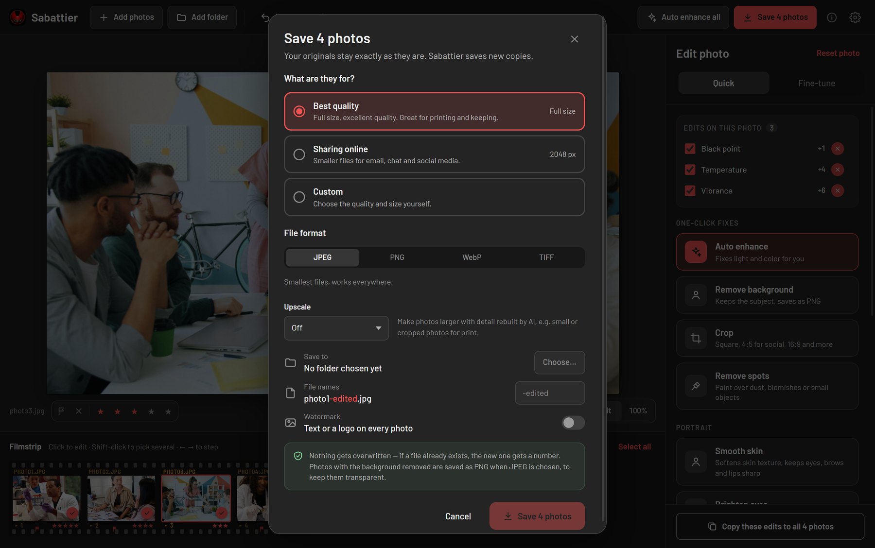 The save dialog with quality presets, file format, upscaling and watermark options.