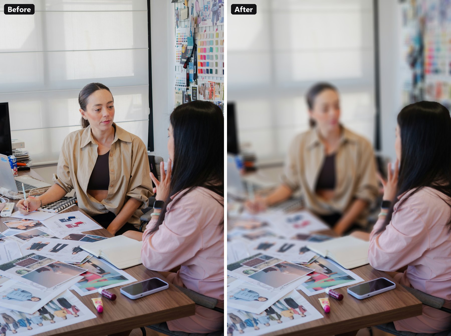 The photo before and after lens blur.